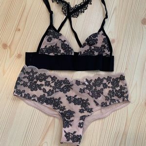 PINK Black and Tan floral bralette and panty set